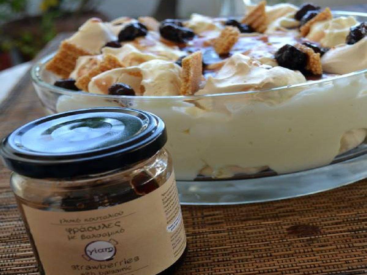 Lemon yogurt trifle with sweet balsamic strawberries.