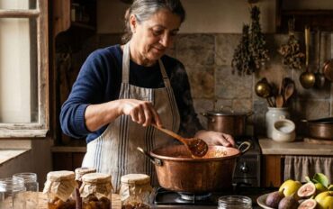 Μια ηλικιωμένη γυναίκα με ποδιά στέκεται σε μια ρουστίκ κουζίνα και αναδεύει με μια ξύλινη κουτάλα μια κατσαρόλα που σιγοβράζει στο μάτι της κουζίνας. Στον ξύλινο πάγκο μπροστά της υπάρχουν γυάλινα βάζα με μαρμελάδα, άδεια βάζα και ένα μπολ με φρέσκα σύκα και κυδώνια. Το σκηνικό είναι ζεστό και παραδοσιακό, με χάλκινα σκεύη να κρέμονται στον τοίχο στο βάθος.