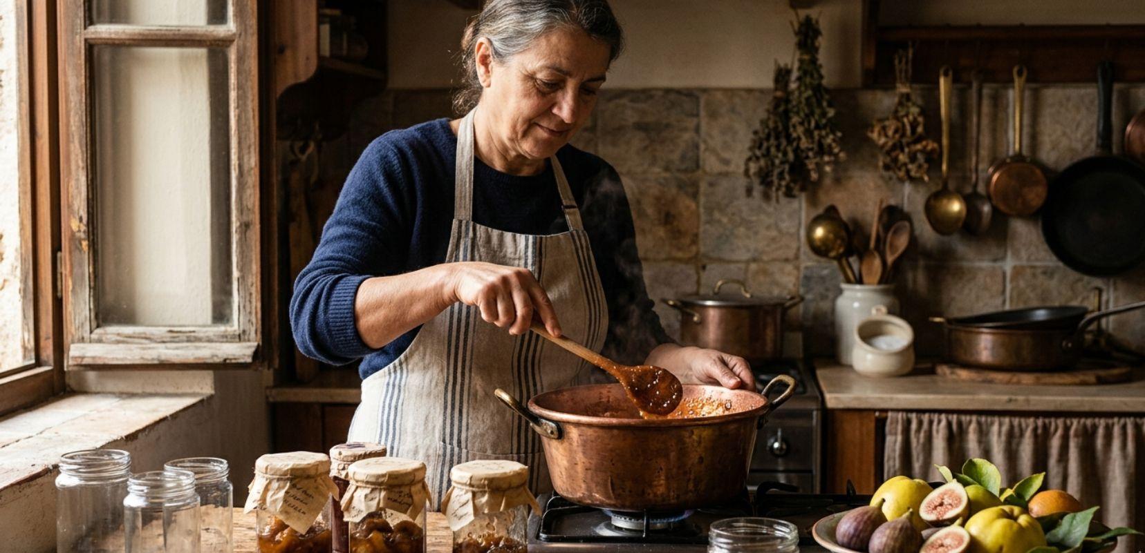 Μια ηλικιωμένη γυναίκα με ποδιά στέκεται σε μια ρουστίκ κουζίνα και αναδεύει με μια ξύλινη κουτάλα μια κατσαρόλα που σιγοβράζει στο μάτι της κουζίνας. Στον ξύλινο πάγκο μπροστά της υπάρχουν γυάλινα βάζα με μαρμελάδα, άδεια βάζα και ένα μπολ με φρέσκα σύκα και κυδώνια. Το σκηνικό είναι ζεστό και παραδοσιακό, με χάλκινα σκεύη να κρέμονται στον τοίχο στο βάθος.