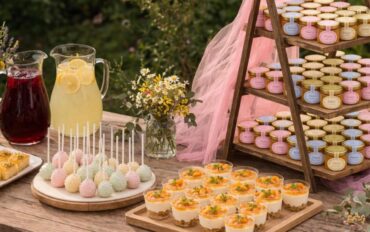 Τραπέζι γεμάτο με γλυκά βάφτισης στη φύση