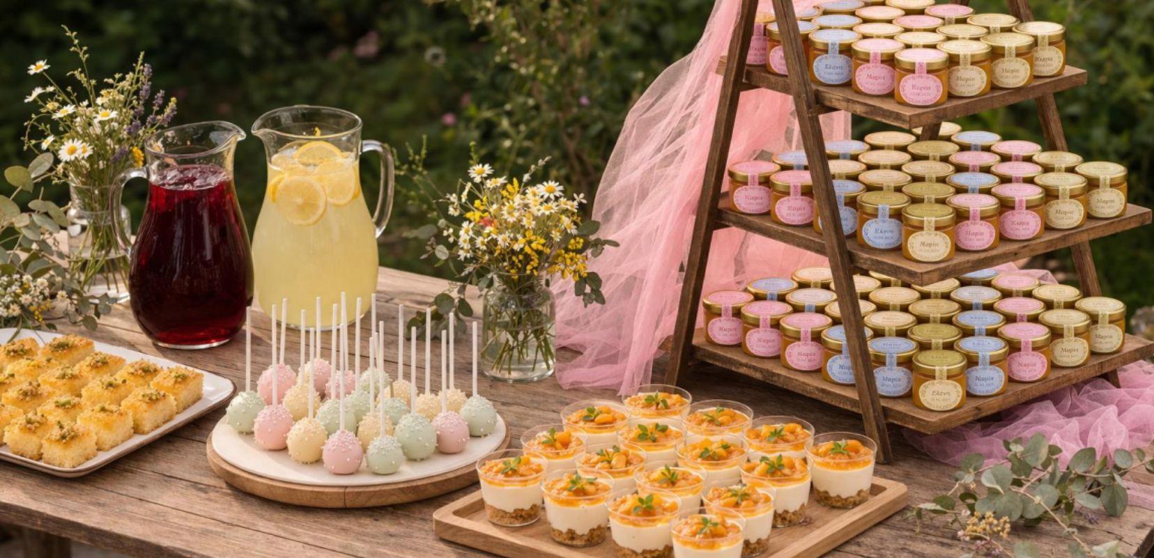 Τραπέζι γεμάτο με γλυκά βάφτισης στη φύση