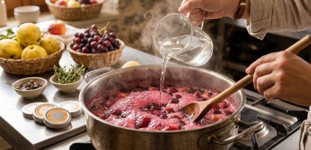 Παρασκευή μαρμελάδας yiam σε κατσαρόλα, όπου προστίθεται διαυγασμένο γλεύκος σταφυλιού που μοιάζει με καθαρό σιρόπι.