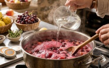 Παρασκευή μαρμελάδας yiam σε κατσαρόλα, όπου προστίθεται διαυγασμένο γλεύκος σταφυλιού που μοιάζει με καθαρό σιρόπι.