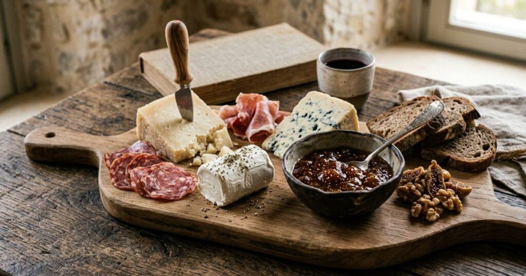 Μια φωτογραφία σε ρουστίκ ύφος που απεικονίζει ένα χειροποίητο ξύλινο πλατό τυριών πάνω σε ένα παλιό, ανάγλυφο τραπέζι. Στο κέντρο δεσπόζει ένα σκούρο, χειροποίητο κεραμικό μπολ γεμάτο με παχύρρευστη μαρμελάδα σύκο που περιέχει ολόκληρους σπόρους και κομμάτια φρούτου. Γύρω από το μπολ υπάρχουν ακανόνιστα κομμένα τυριά, όπως μια σφήνα παλαιωμένης γραβιέρας με ένα μαχαίρι καρφωμένο πάνω της, ένα κομμάτι μπλε τυριού και ένα ρολό κατσικίσιου τυριού πασπαλισμένο με βότανα. Το πλατό συμπληρώνεται από λεπτές φέτες προσούτο, σαλάμι αέρος, χωριάτικο ψωμί, καρύδια και αποξηραμένα σύκα. Ο φωτισμός είναι απαλός και φυσικός, αναδεικνύοντας τις ατέλειες του ξύλου και την αυθεντικότητα των υλικών.