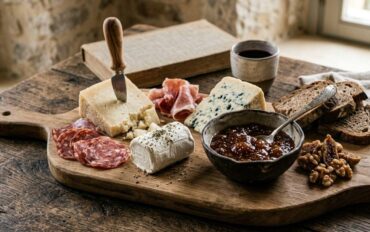 Μια φωτογραφία σε ρουστίκ ύφος που απεικονίζει ένα χειροποίητο ξύλινο πλατό τυριών πάνω σε ένα παλιό, ανάγλυφο τραπέζι. Στο κέντρο δεσπόζει ένα σκούρο, χειροποίητο κεραμικό μπολ γεμάτο με παχύρρευστη μαρμελάδα σύκο που περιέχει ολόκληρους σπόρους και κομμάτια φρούτου. Γύρω από το μπολ υπάρχουν ακανόνιστα κομμένα τυριά, όπως μια σφήνα παλαιωμένης γραβιέρας με ένα μαχαίρι καρφωμένο πάνω της, ένα κομμάτι μπλε τυριού και ένα ρολό κατσικίσιου τυριού πασπαλισμένο με βότανα. Το πλατό συμπληρώνεται από λεπτές φέτες προσούτο, σαλάμι αέρος, χωριάτικο ψωμί, καρύδια και αποξηραμένα σύκα. Ο φωτισμός είναι απαλός και φυσικός, αναδεικνύοντας τις ατέλειες του ξύλου και την αυθεντικότητα των υλικών.