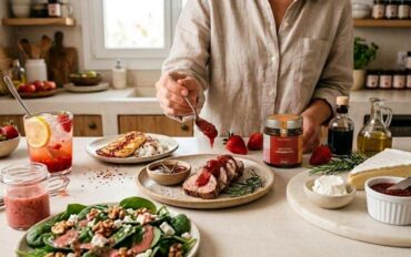 A person wearing a light-colored linen shirt is standing behind the counter, using a spoon to drizzle strawberry jam onto sliced meat.