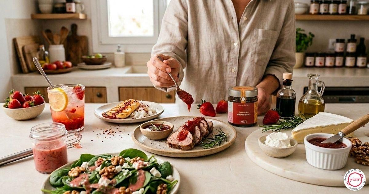 A person wearing a light-colored linen shirt is standing behind the counter, using a spoon to drizzle strawberry jam onto sliced meat.